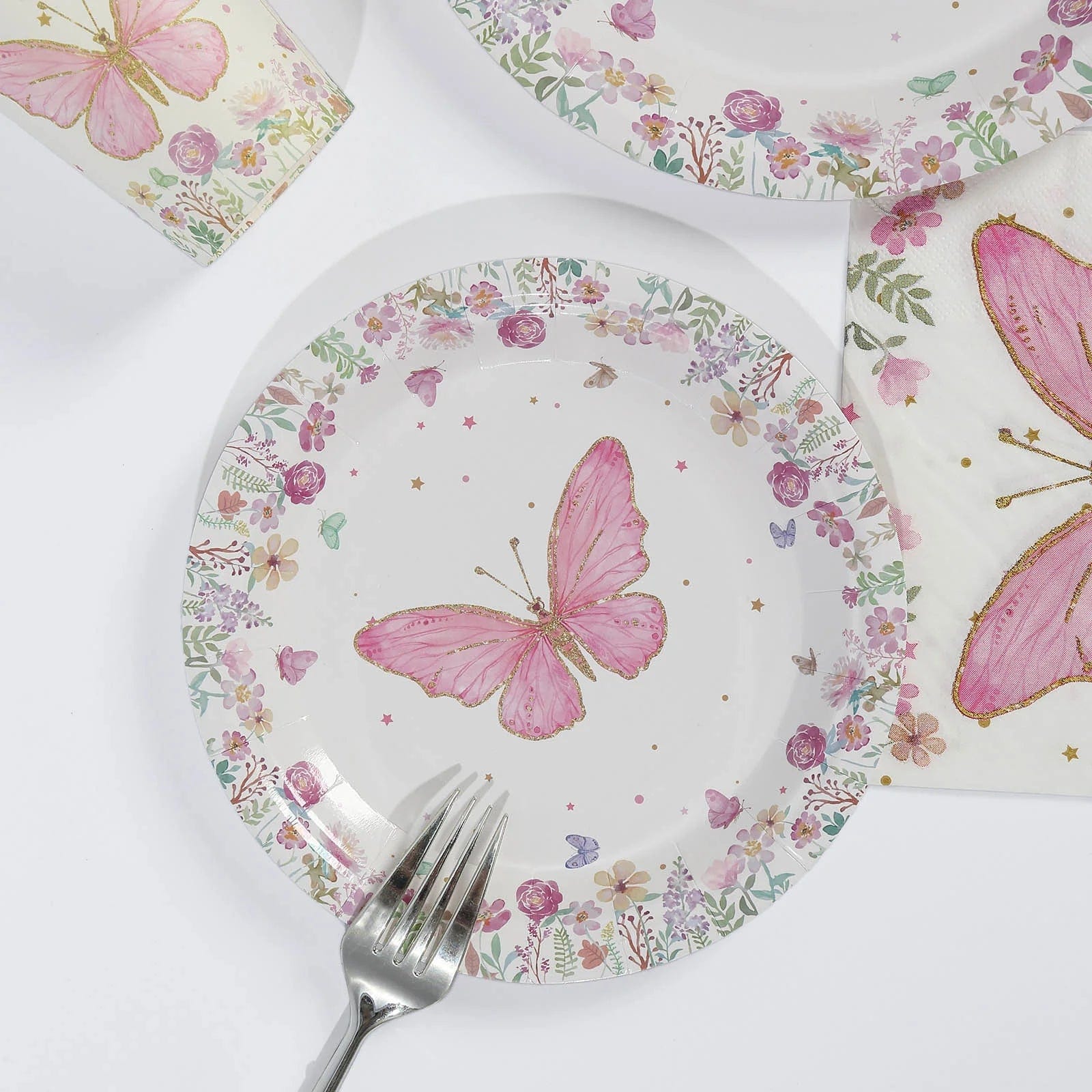 96 White and Pink Butterfly Print Paper Tableware Party Supplies Set