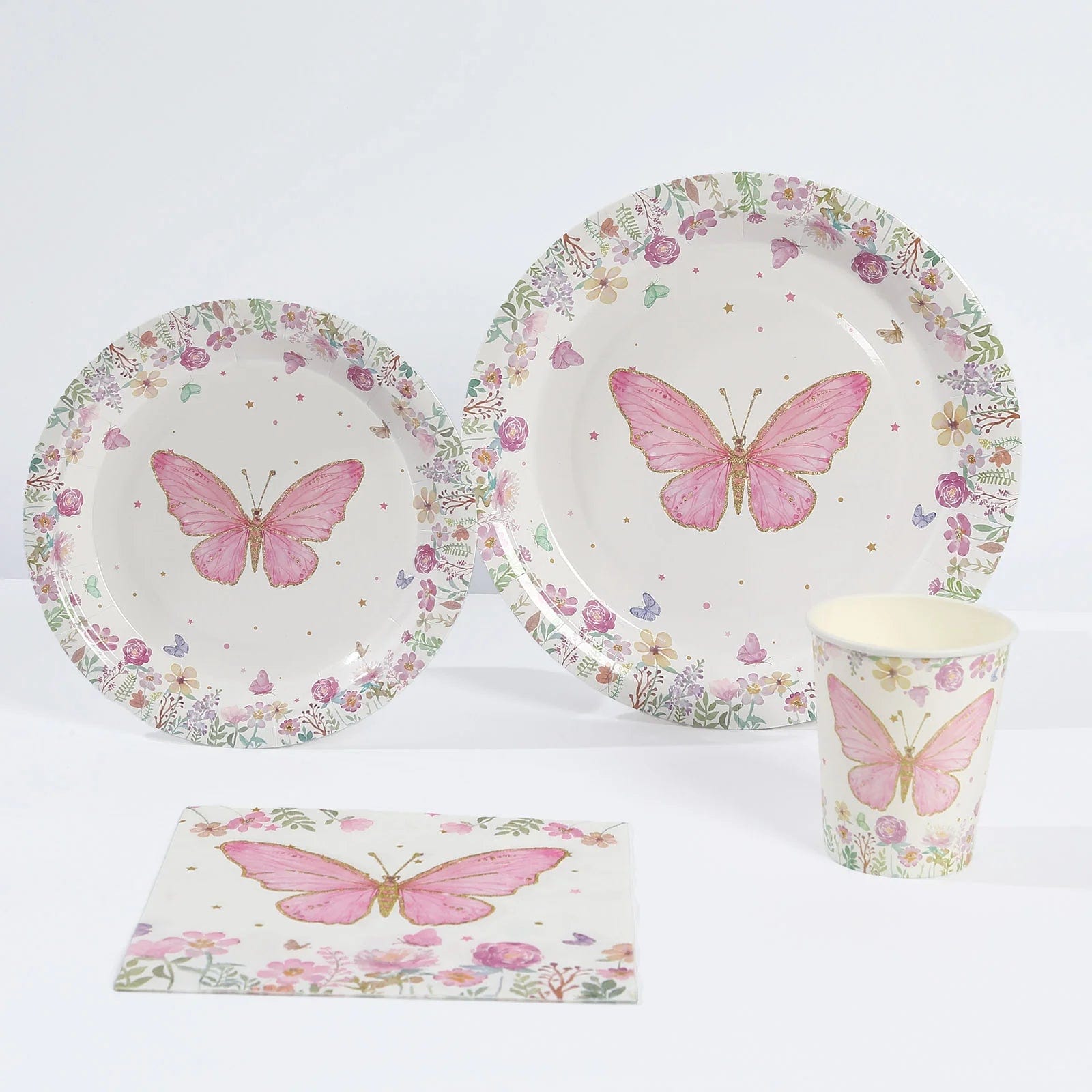 96 White and Pink Butterfly Print Paper Tableware Party Supplies Set