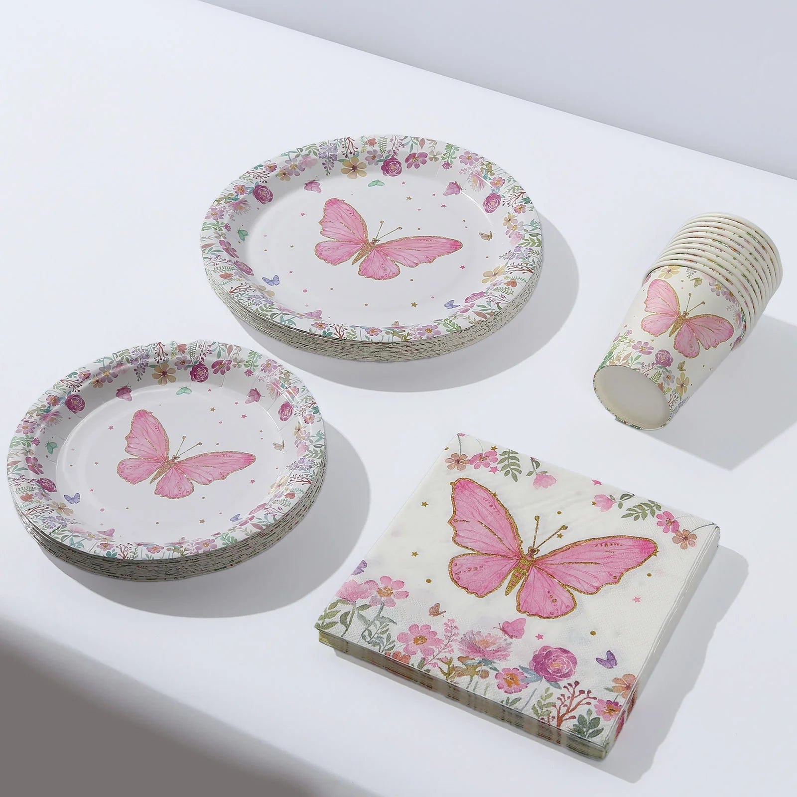 96 White and Pink Butterfly Print Paper Tableware Party Supplies Set