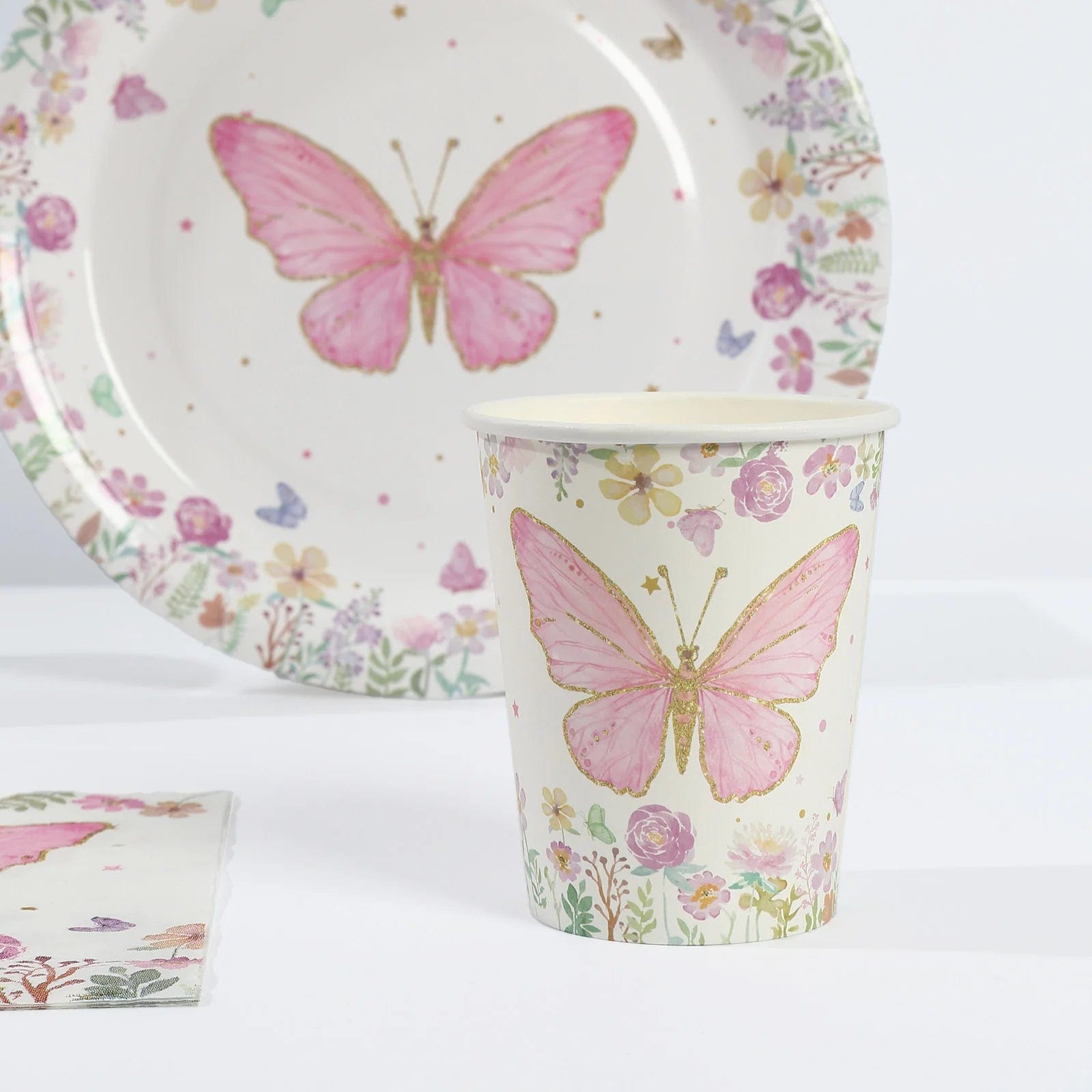 96 White and Pink Butterfly Print Paper Tableware Party Supplies Set