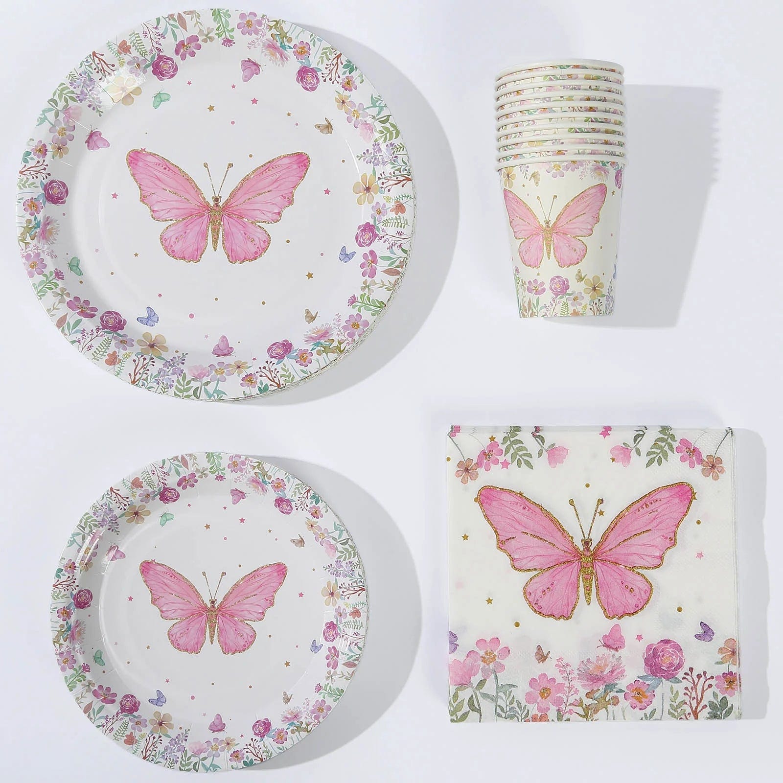 96 White and Pink Butterfly Print Paper Tableware Party Supplies Set