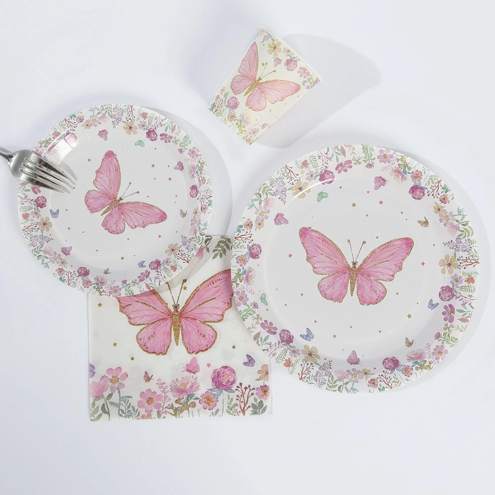 96 White and Pink Butterfly Print Paper Tableware Party Supplies Set