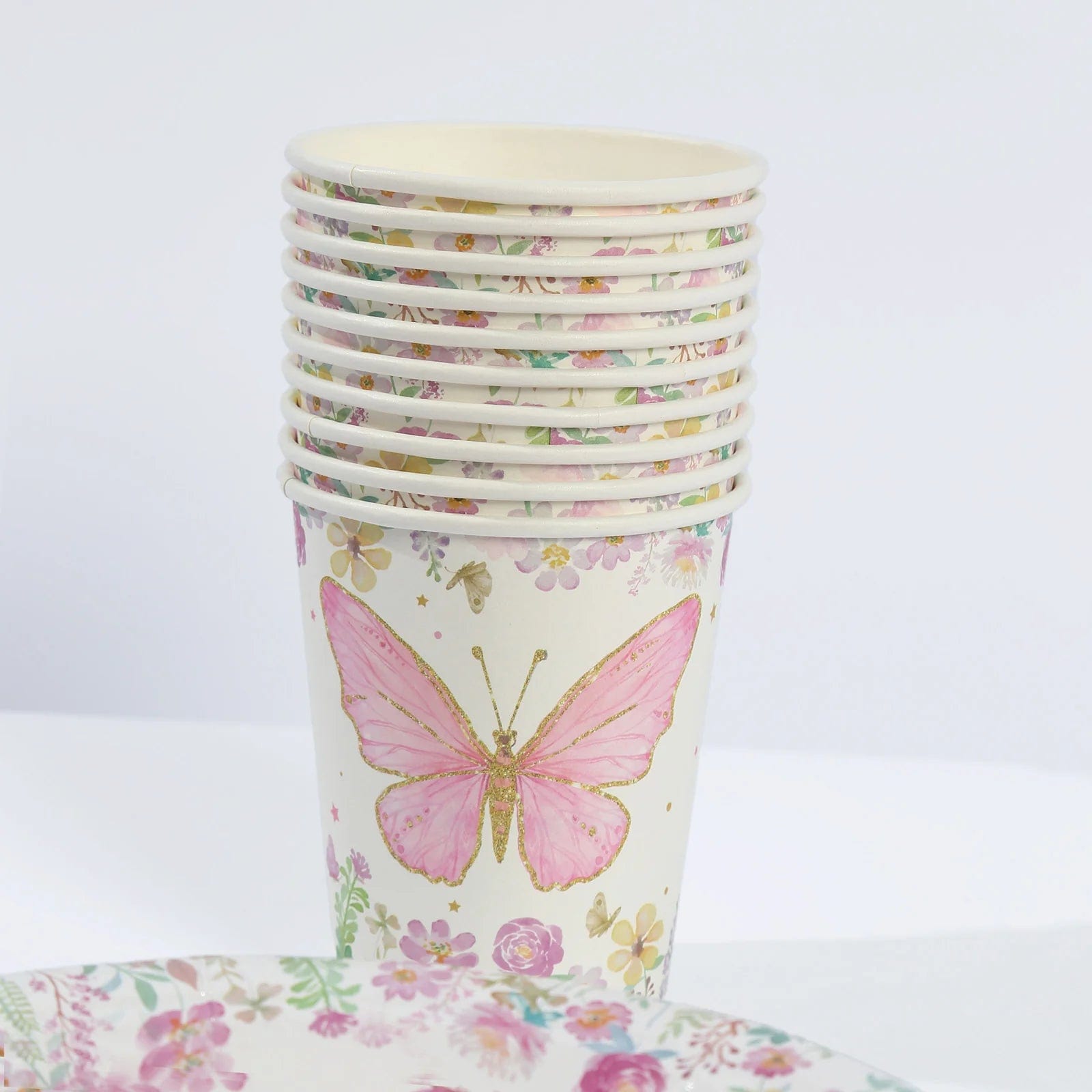 96 White and Pink Butterfly Print Paper Tableware Party Supplies Set