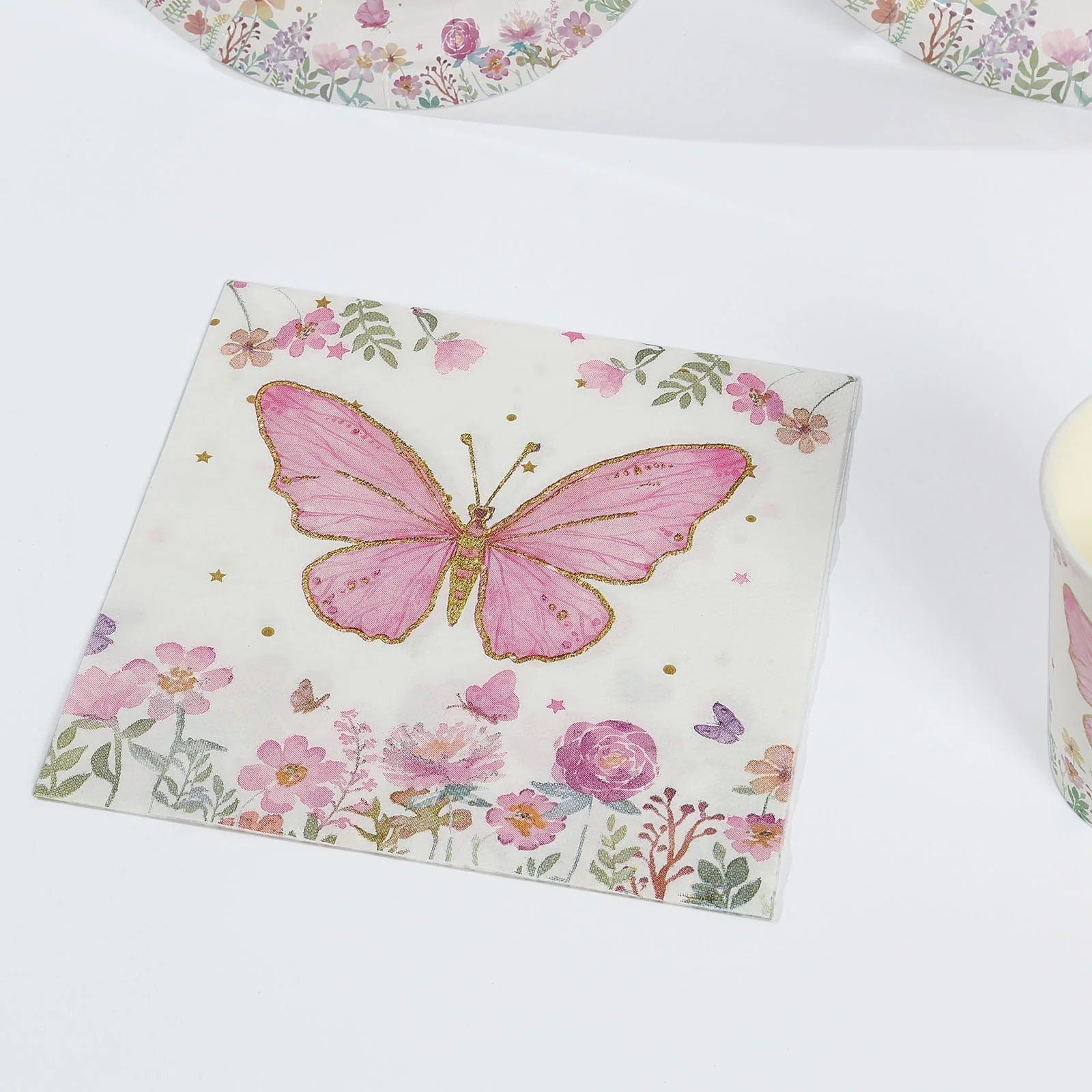 96 White and Pink Butterfly Print Paper Tableware Party Supplies Set