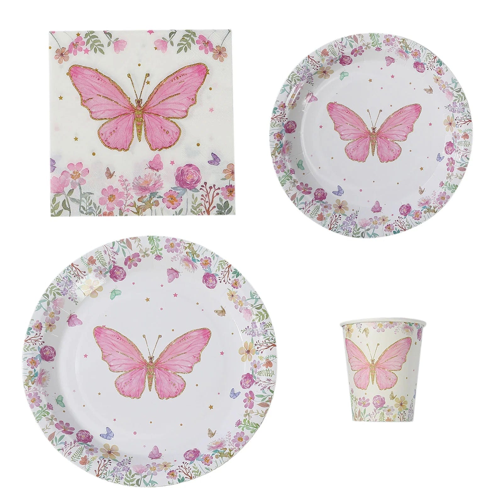 96 White and Pink Butterfly Print Paper Tableware Party Supplies Set