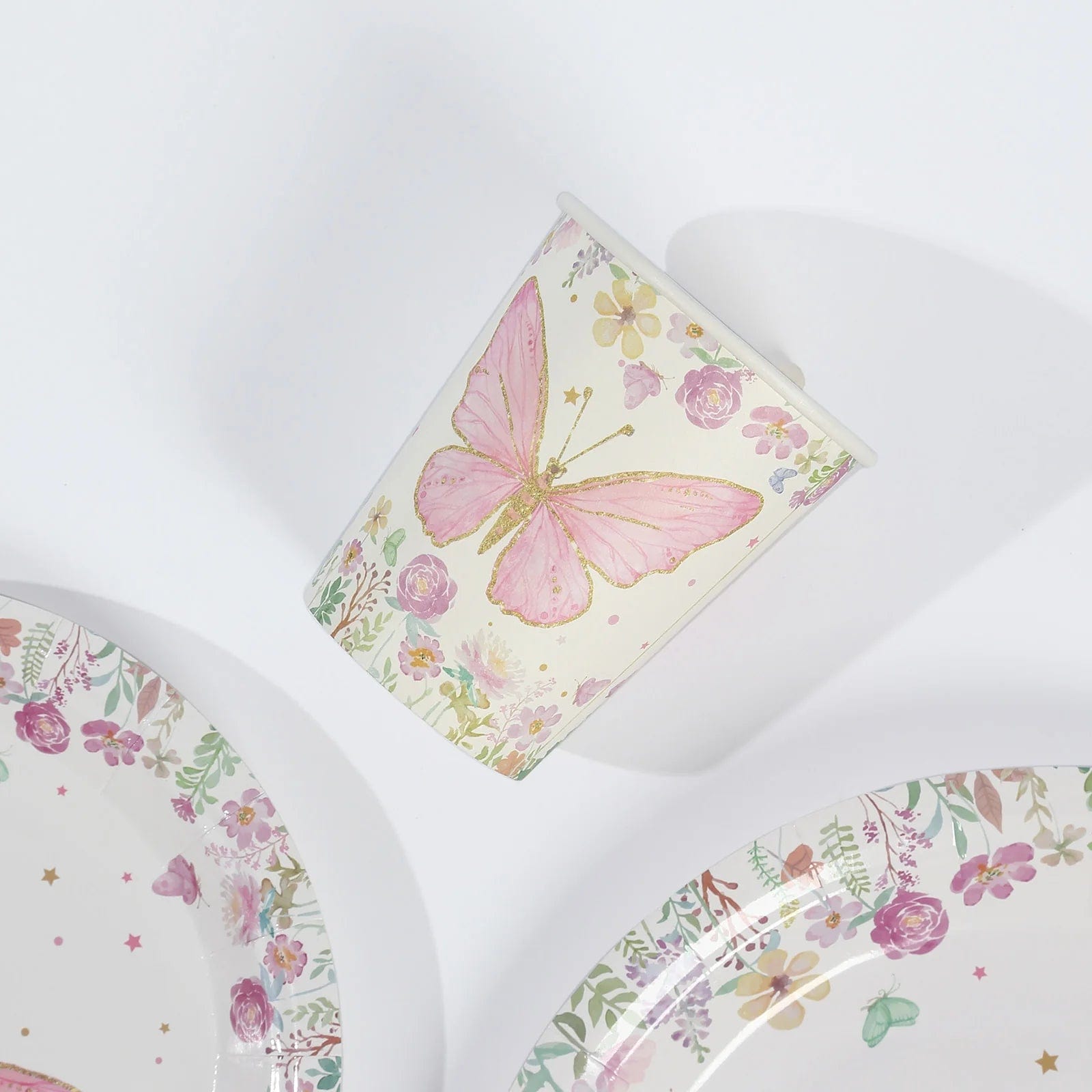 96 White and Pink Butterfly Print Paper Tableware Party Supplies Set