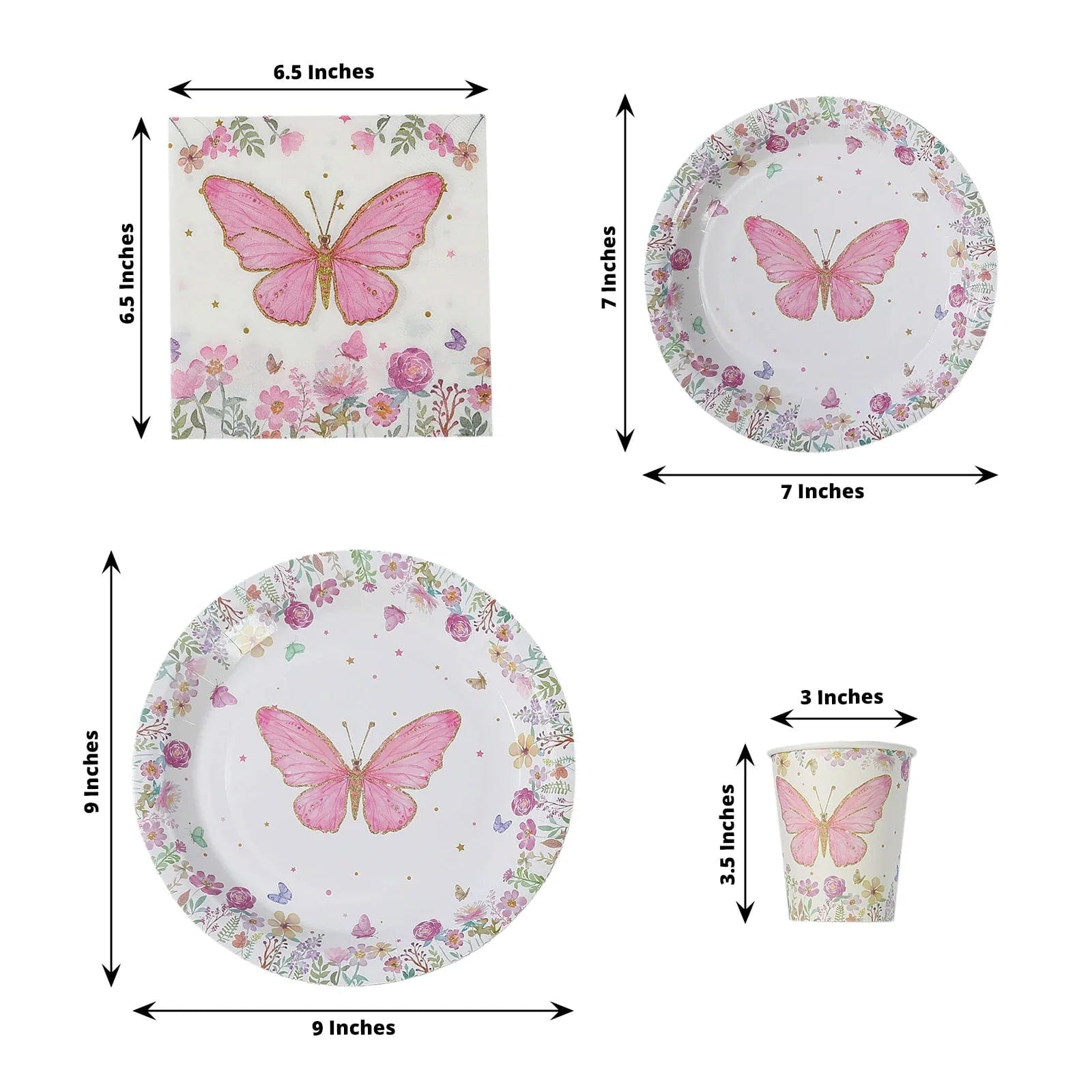 96 White and Pink Butterfly Print Paper Tableware Party Supplies Set