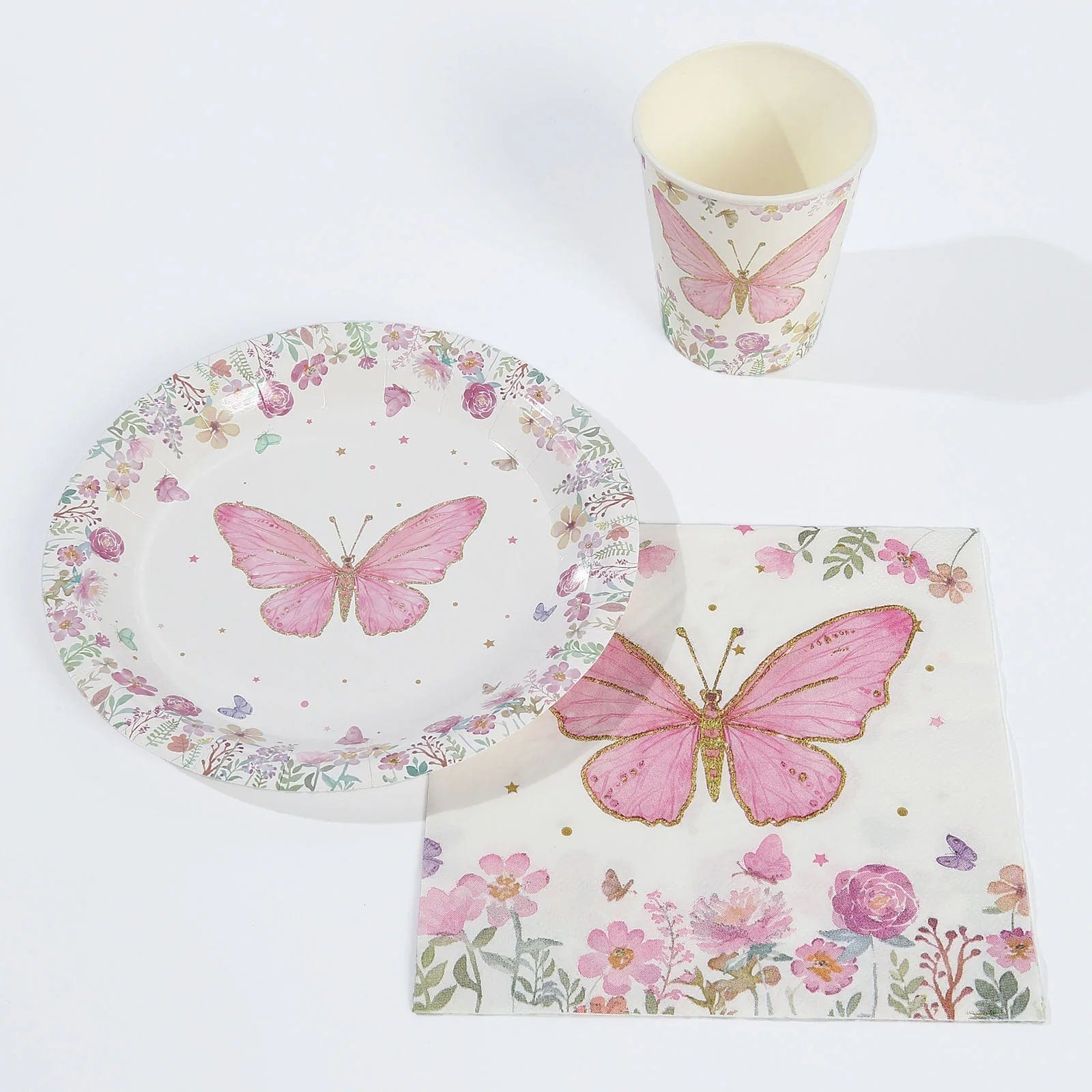 96 White and Pink Butterfly Print Paper Tableware Party Supplies Set