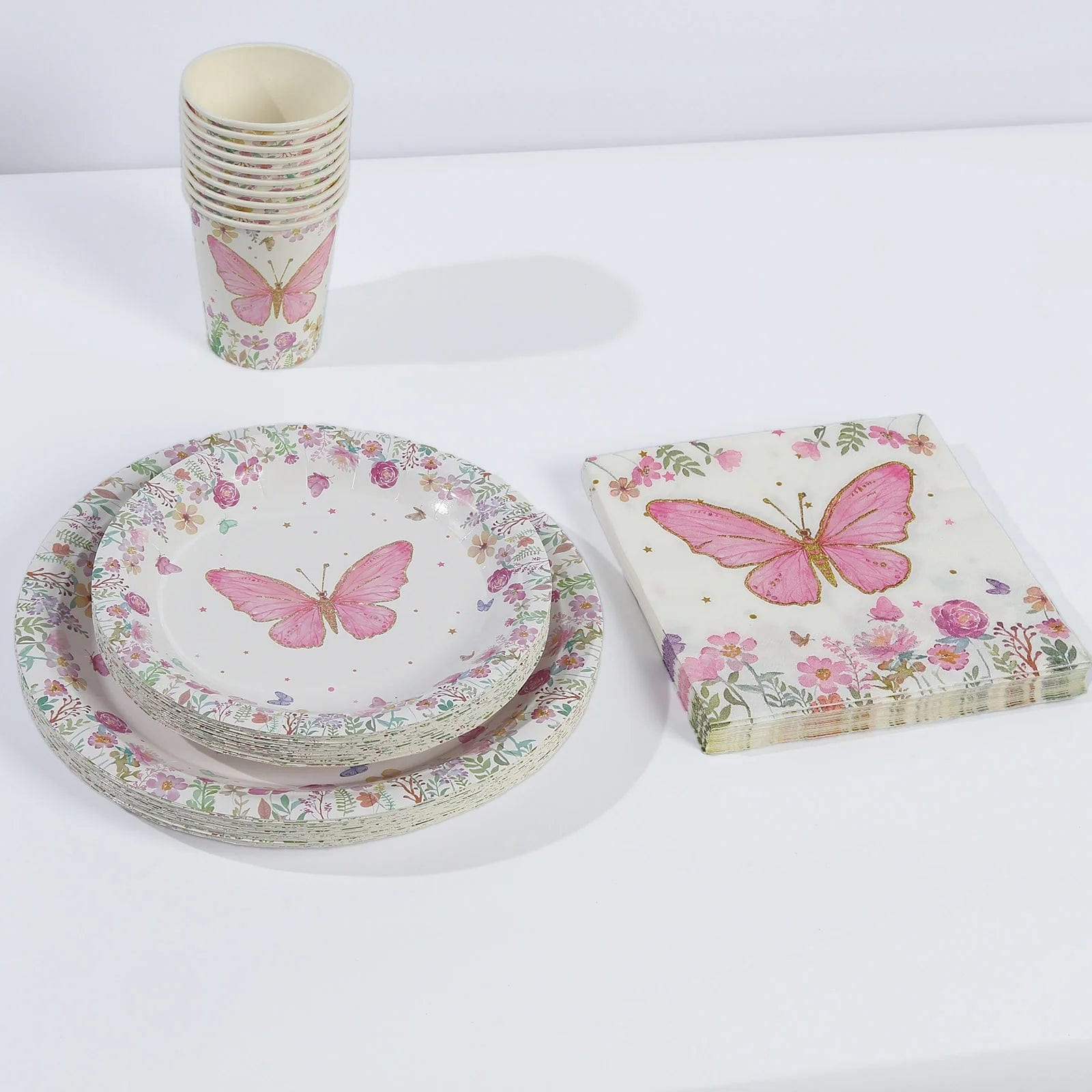 96 White and Pink Butterfly Print Paper Tableware Party Supplies Set