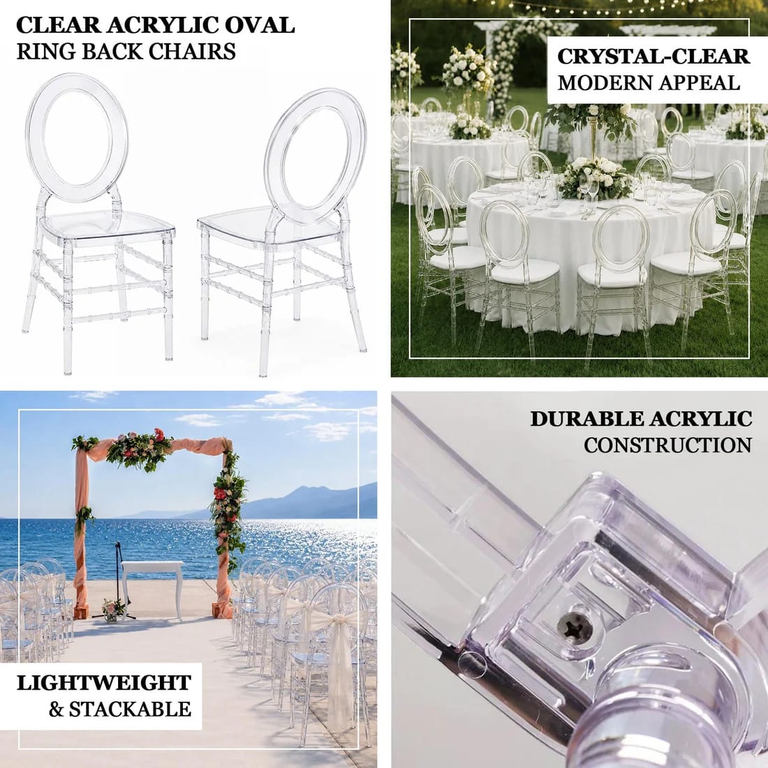 3 pcs Stackable Acrylic Chiavari Ghost Chairs with Oval Open Back