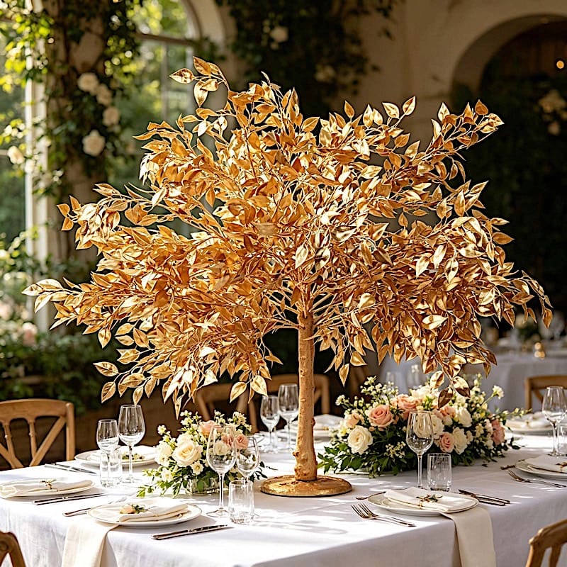 3 feet Metallic Gold Faux Leaf Trees with Realistic Trunk Base