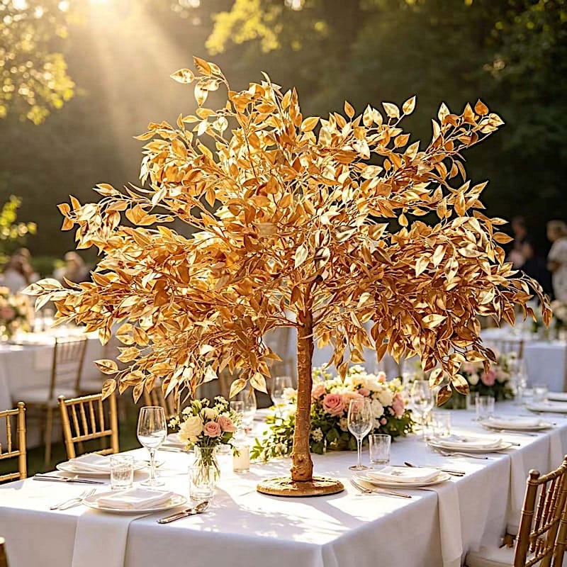 3 feet Metallic Gold Faux Leaf Trees with Realistic Trunk Base