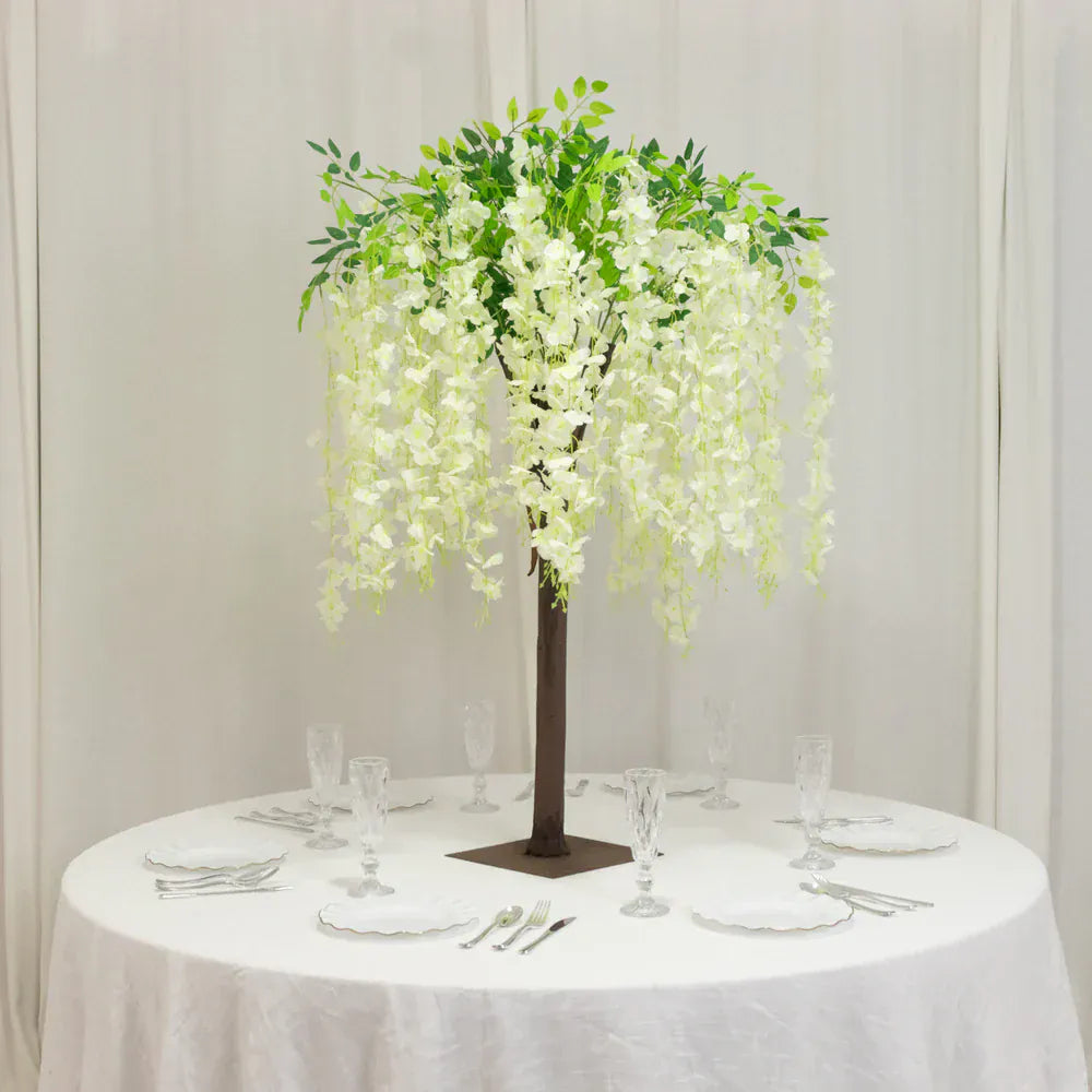 4 feet Cream Wisteria Tree Cascading Silk Flowers with Real Wood Trunk