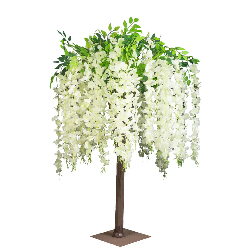 4 feet Cream Wisteria Tree Cascading Silk Flowers with Real Wood Trunk