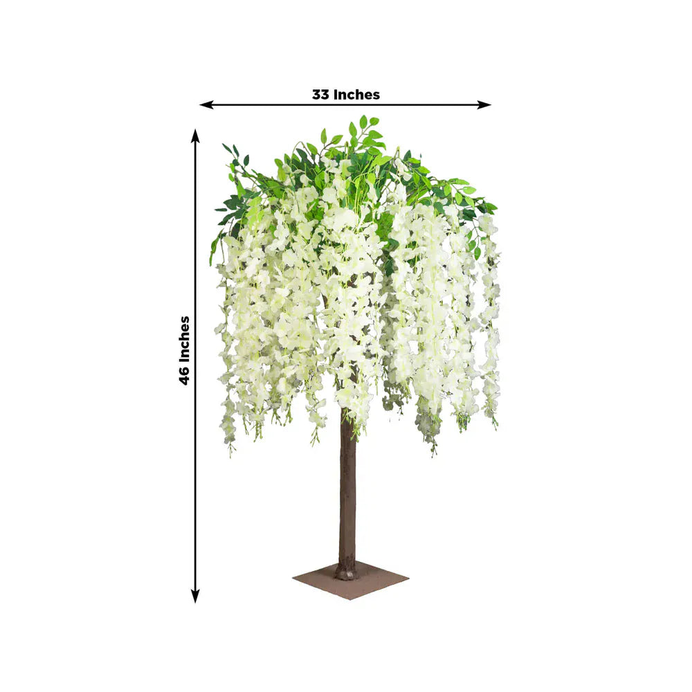 4 feet Cream Wisteria Tree Cascading Silk Flowers with Real Wood Trunk