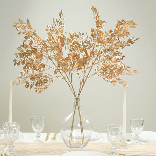 4 Metallic Gold 33 in Artificial Italian Ruscus Leaves Branches
