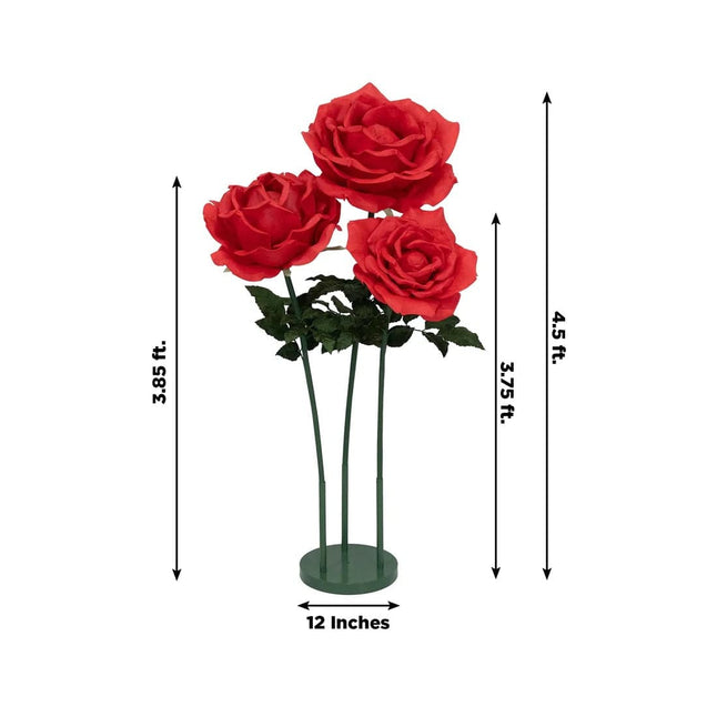 Red 4.5 ft tall Artificial Rose Decor Set 3 Giant Faux Flowers with Standing Base