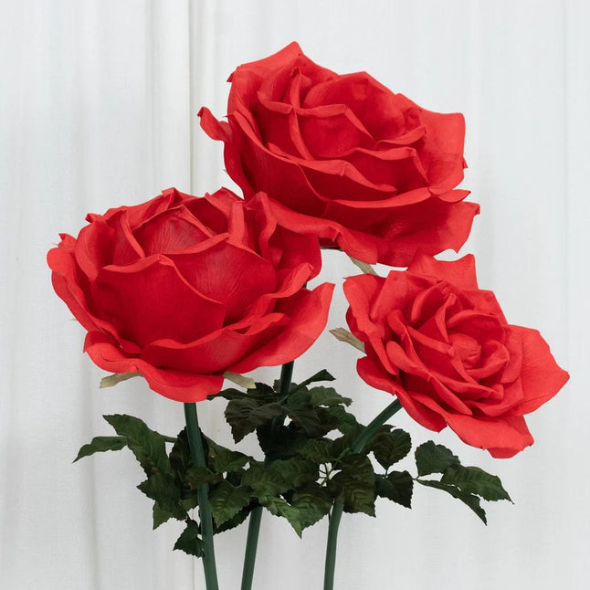 Red 4.5 ft tall Artificial Rose Decor Set 3 Giant Faux Flowers with Standing Base