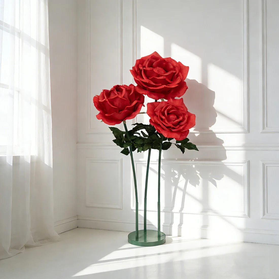 4in Rose On Rack Red 4.5 ft tall Artificial Rose Decor Set 3 Faux Flowers with Base ...