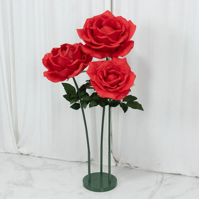 Red 4.5 ft tall Artificial Rose Decor Set 3 Giant Faux Flowers with Standing Base