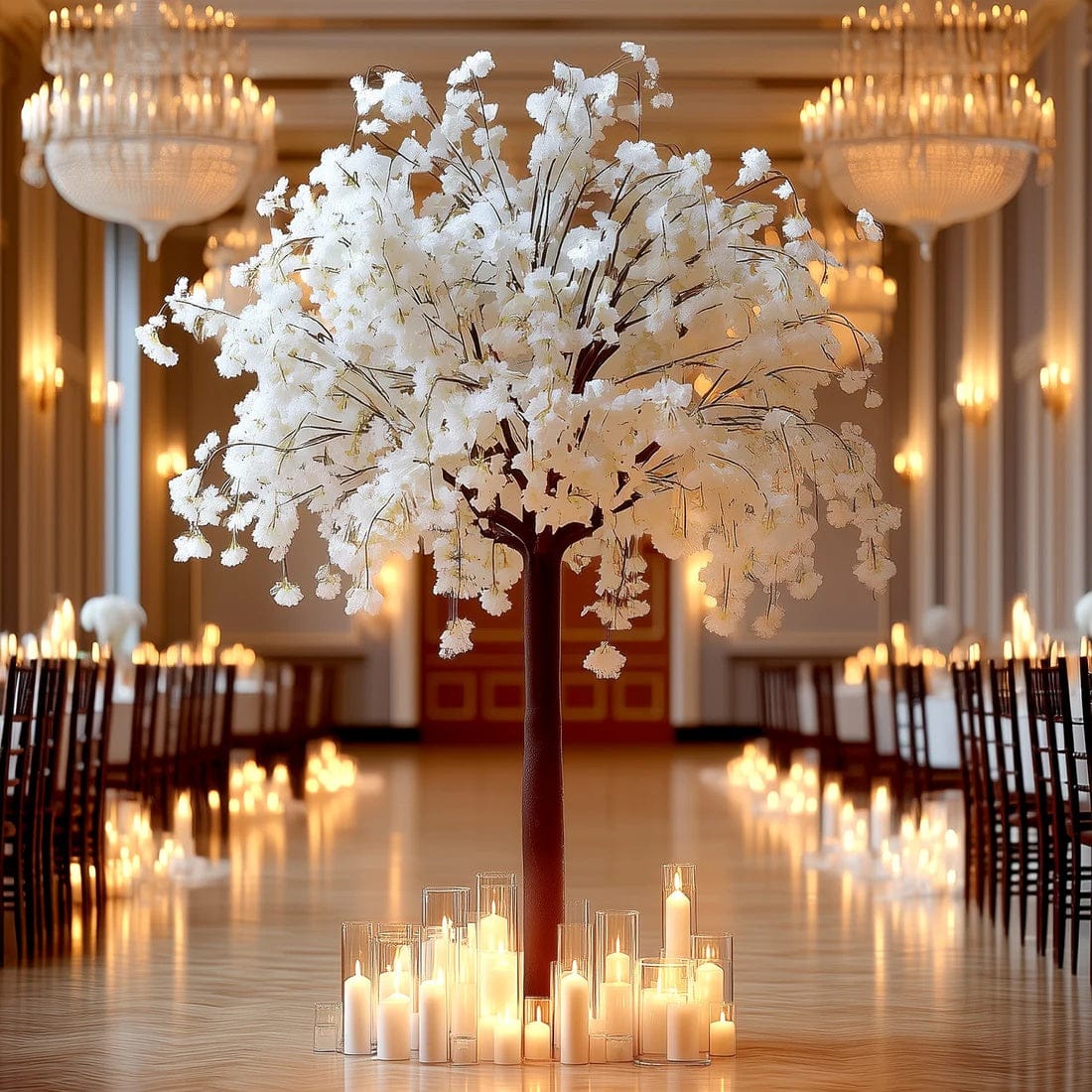 White 8 feet Artificial Silk Cherry Blossom Tree with Fiberglass Trunk and Metal Base