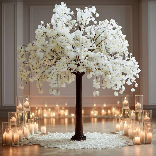 White 8 feet Artificial Silk Cherry Blossom Tree with Fiberglass Trunk and Metal Base