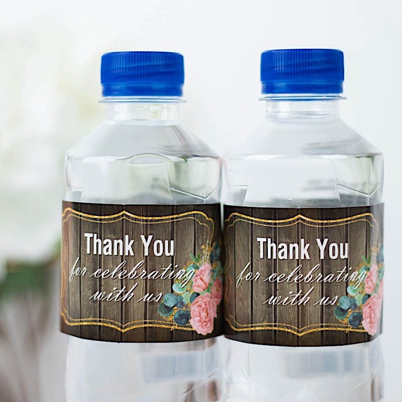 24 Dark Brown Wood Print with Thank You Water Bottle Stickers Labels