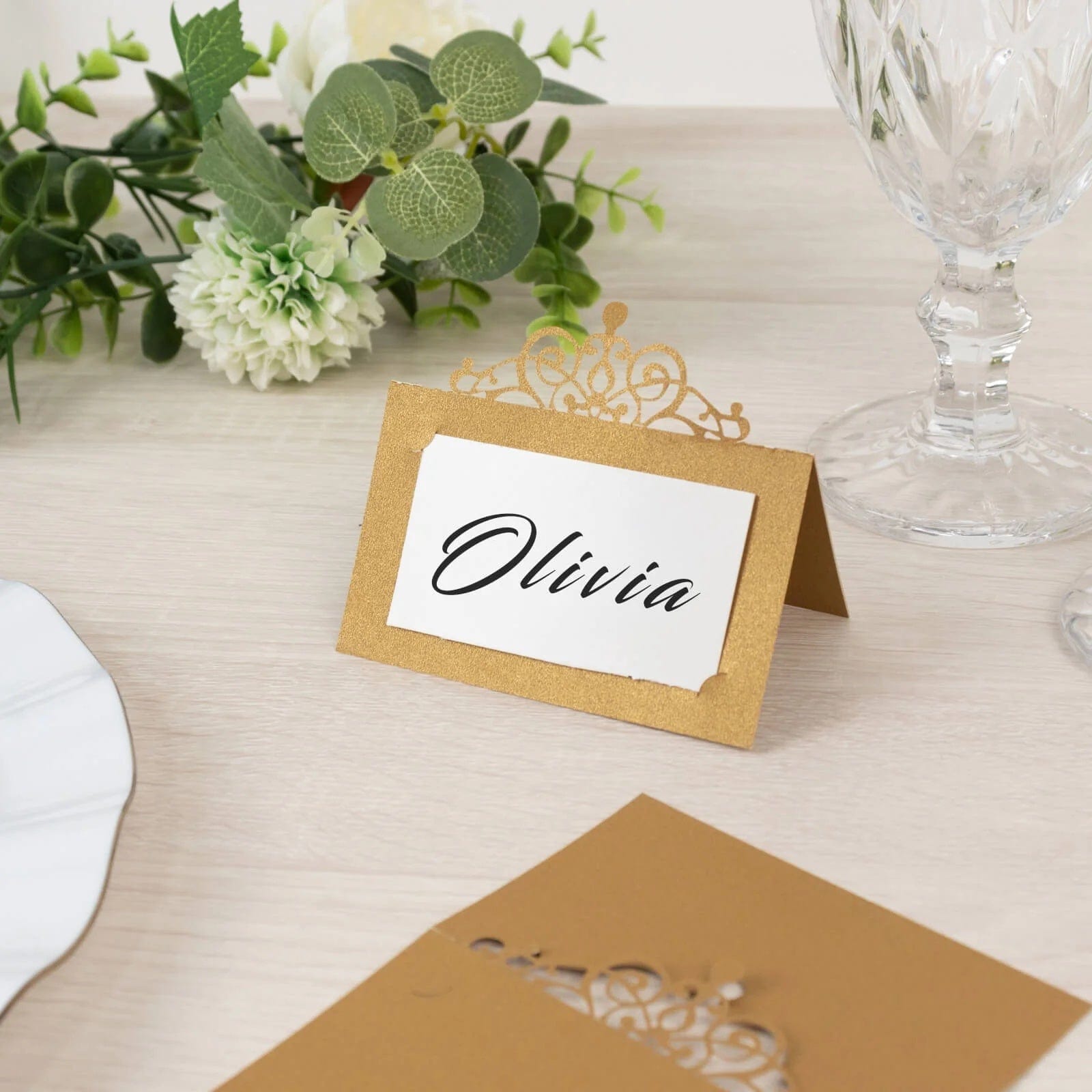 50 Gold Paper Place Cards with Laser Cut Crown Design