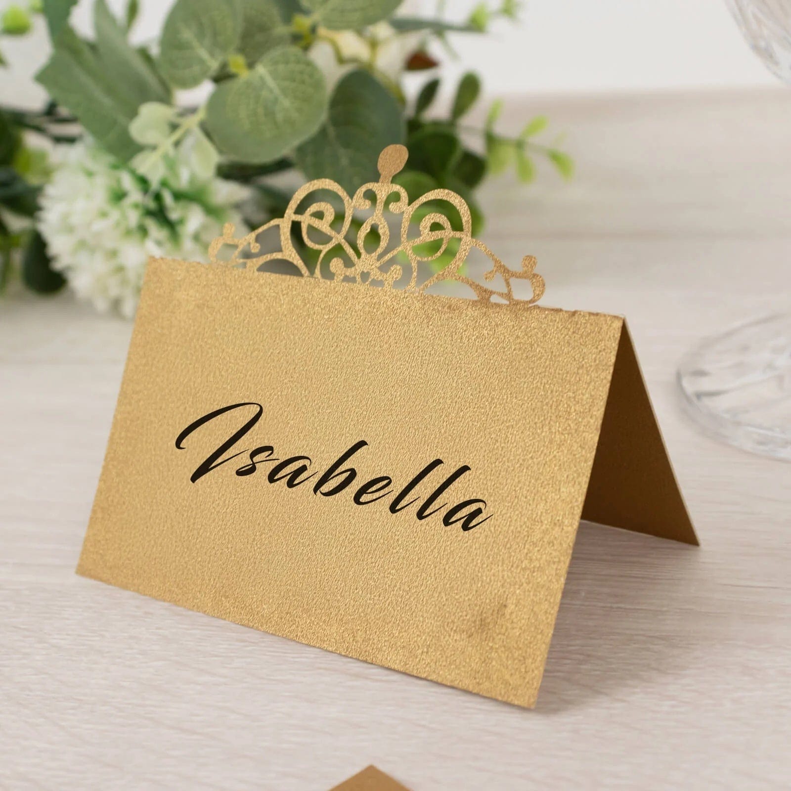 50 Gold Paper Place Cards with Laser Cut Crown Design