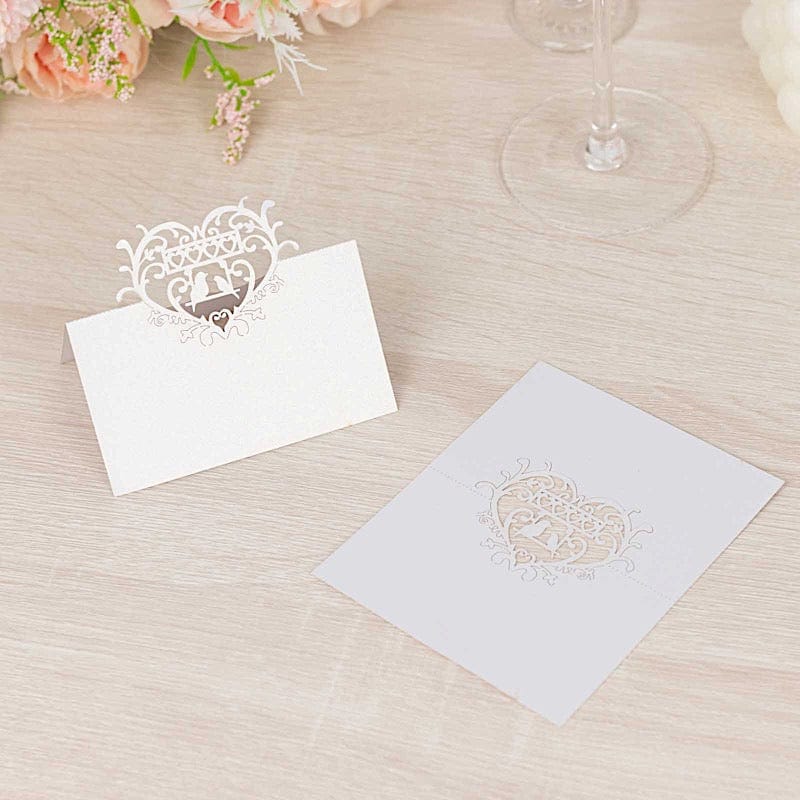 50 White Laser Cut Heart Top Paper Table Name Place Cards