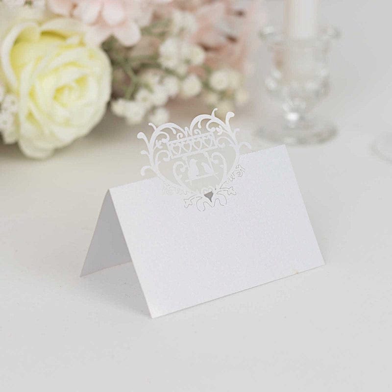 50 White Laser Cut Heart Top Paper Table Name Place Cards