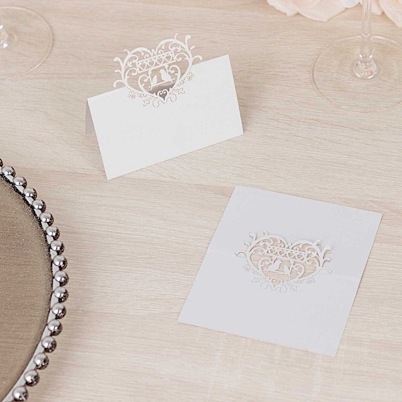 50 White Laser Cut Heart Top Paper Table Name Place Cards