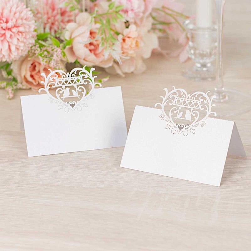 50 White Laser Cut Heart Top Paper Table Name Place Cards