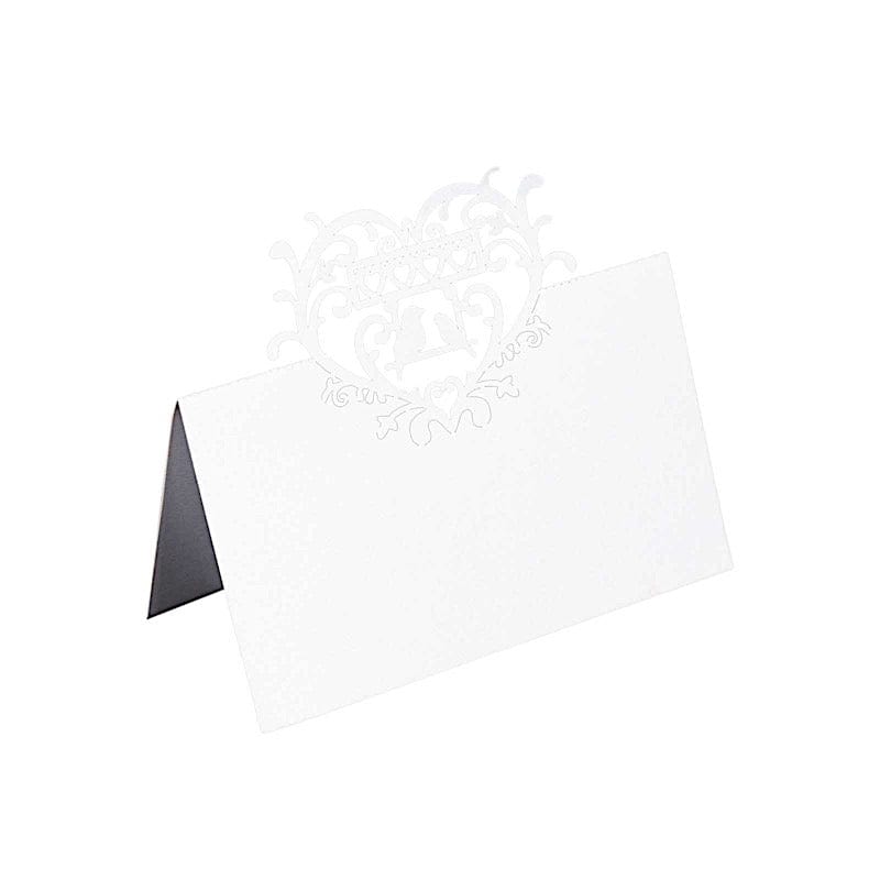 50 White Laser Cut Heart Top Paper Table Name Place Cards