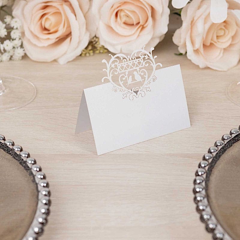 50 White Laser Cut Heart Top Paper Table Name Place Cards