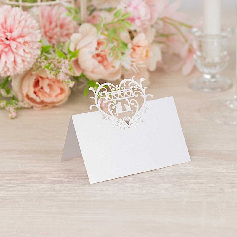 50 White Laser Cut Heart Top Paper Table Name Place Cards
