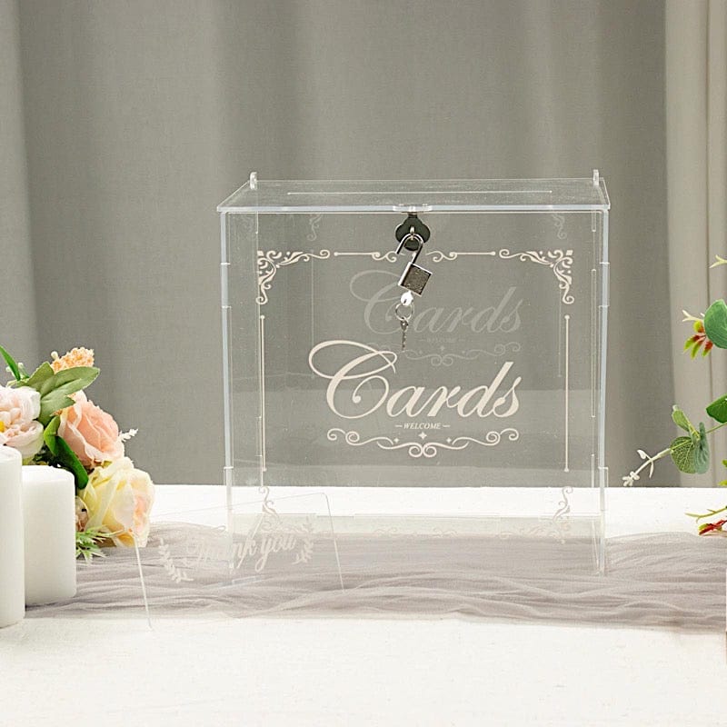 Clear 10 in Acrylic Wedding Gift Money Card Box with Lock Key and Thank You  Sign