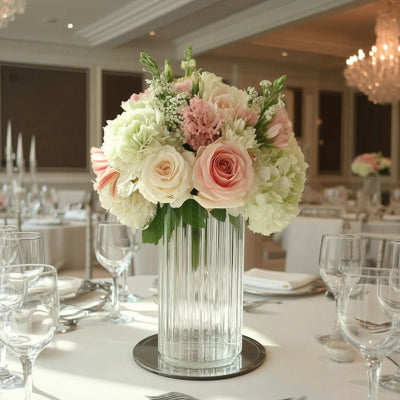 12 Clear 10 in tall Ribbed Cylinder Glass Vases Centerpieces