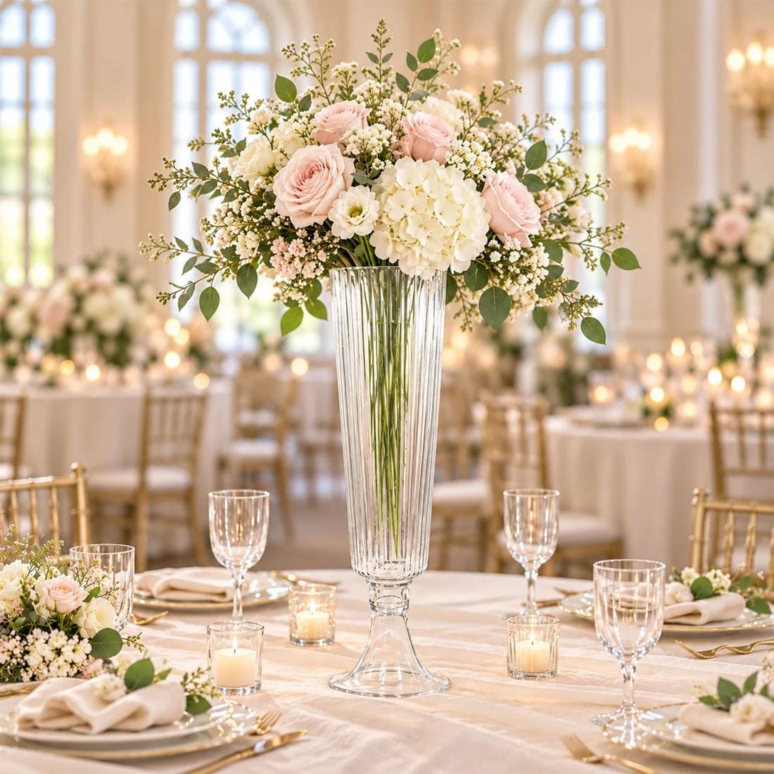 2 Clear 26 in Ribbed Glass Trumpet Vases Wedding Centerpieces