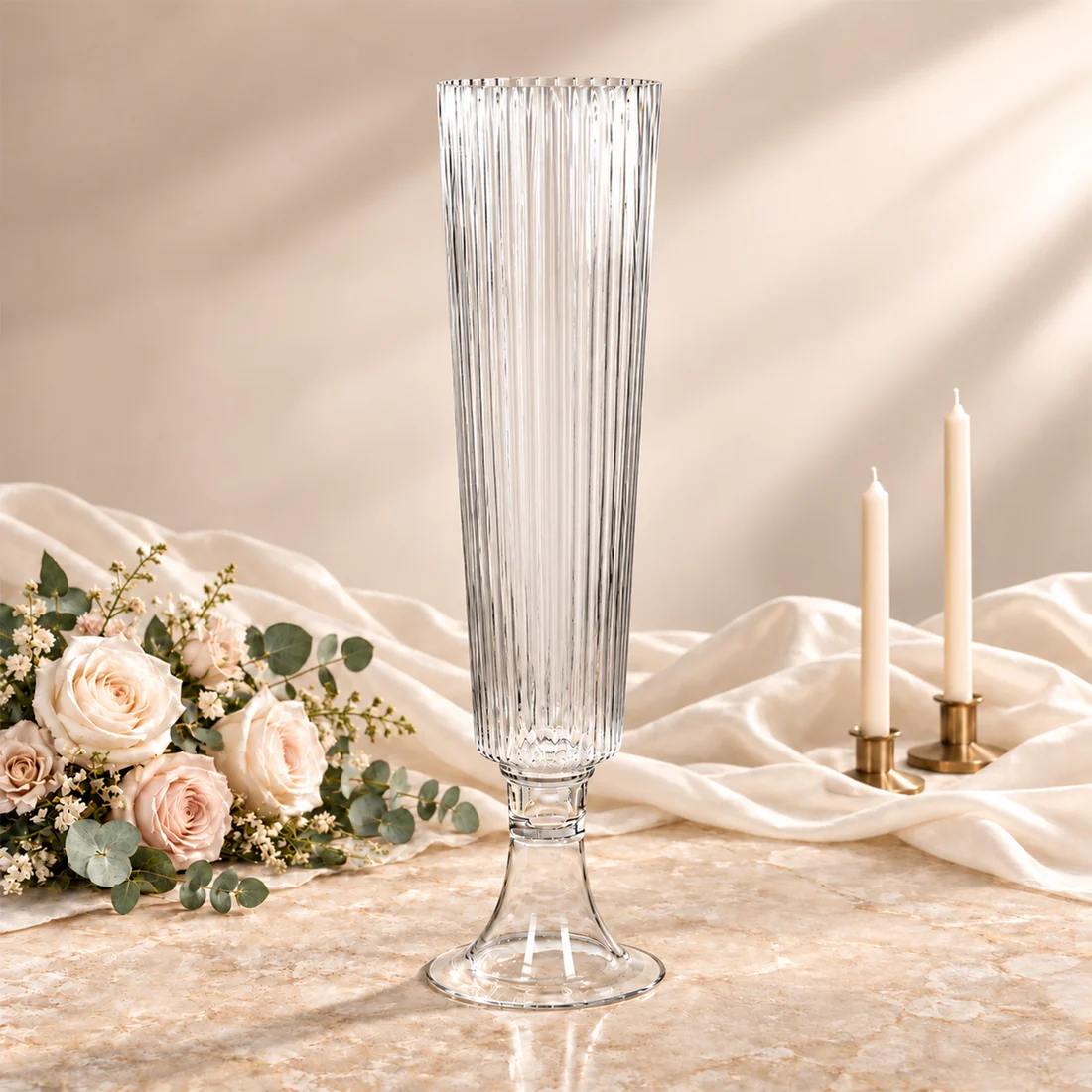 2 Clear 26 in Ribbed Glass Trumpet Vases Wedding Centerpieces