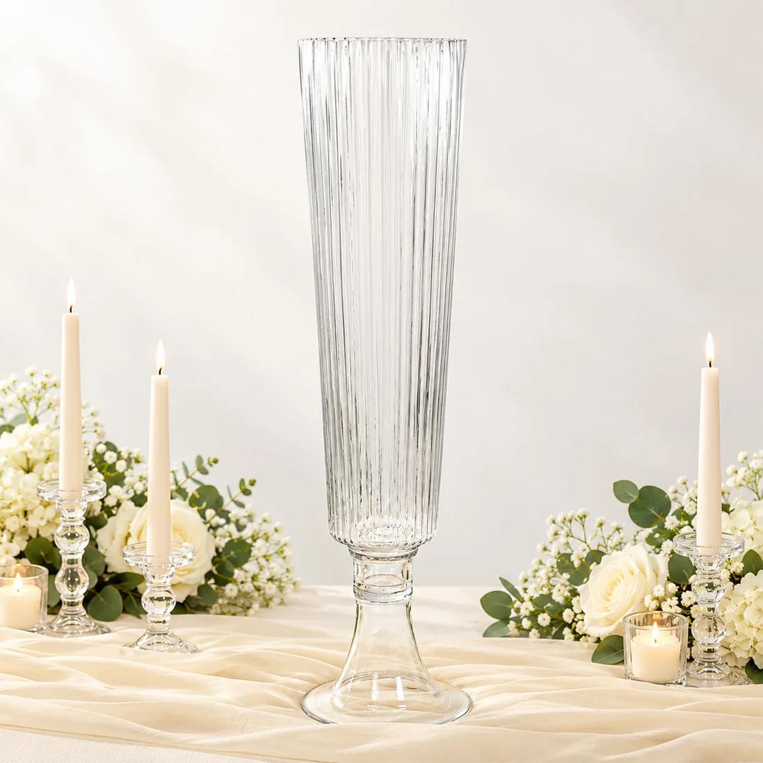 2 Clear 26 in Ribbed Glass Trumpet Vases Wedding Centerpieces