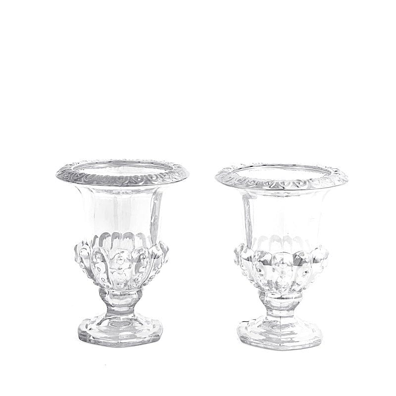 2 Clear 6.5 in Classic Roman Urn Style Glass Flower Vases