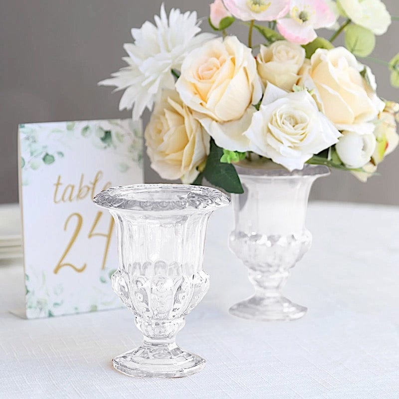 2 Clear 6.5 in Classic Roman Urn Style Glass Flower Vases