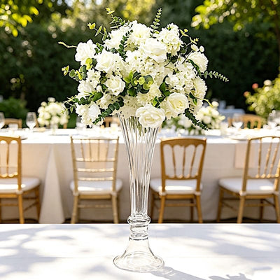 2 Clear Fluted Tall Reversible Ribbed Glass Trumpet Vases