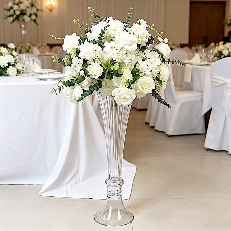 2 Clear Fluted Tall Reversible Ribbed Glass Trumpet Vases