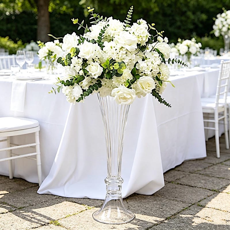 2 Clear Fluted Tall Reversible Ribbed Glass Trumpet Vases
