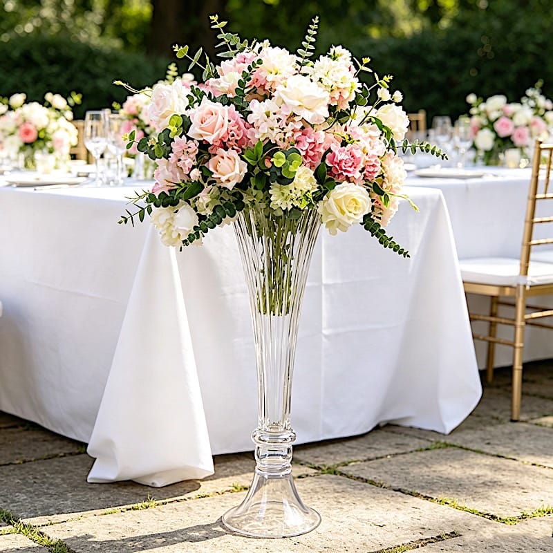 2 Clear Fluted Tall Reversible Ribbed Glass Trumpet Vases