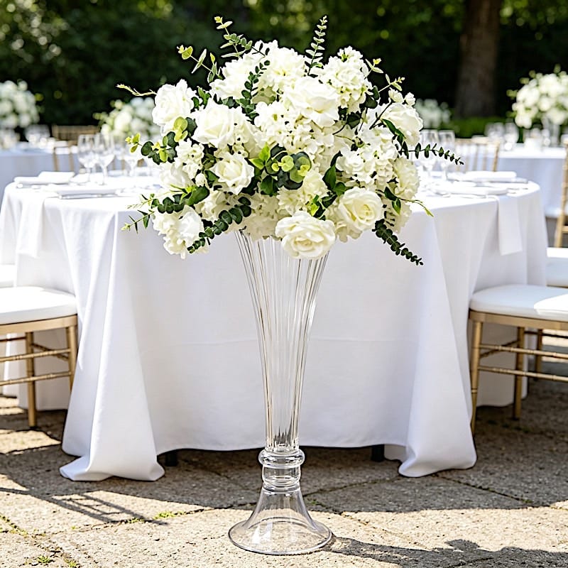 2 Clear Fluted Tall Reversible Ribbed Glass Trumpet Vases