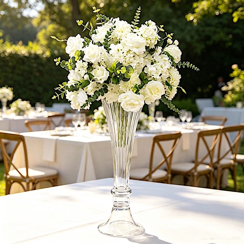2 Clear Fluted Tall Reversible Ribbed Glass Trumpet Vases
