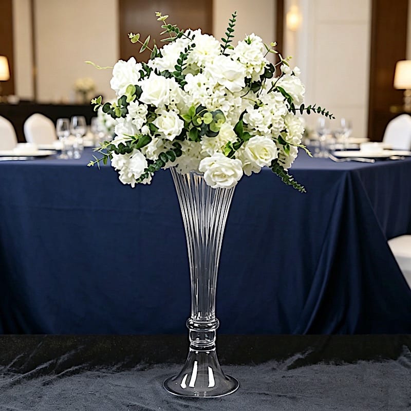 2 Clear Fluted Tall Reversible Ribbed Glass Trumpet Vases